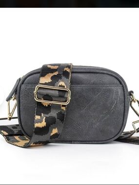Women's Gray Crossbody Camera Bag with Patterned Strap